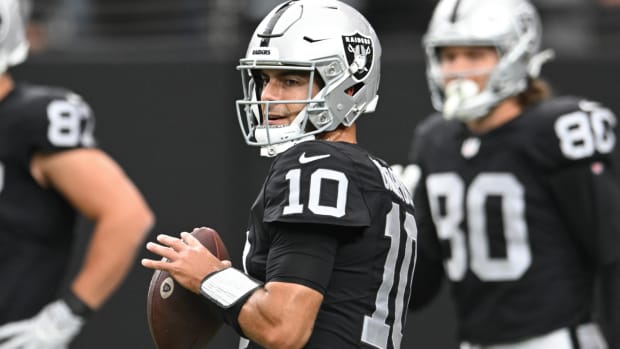 Oct 15, 2023; Paradise, Nevada, USA; Las Vegas Raiders quarterback Jimmy Garoppolo (10) warms up against the New England Patriots at Allegiant Stadium. Mandatory Credit: Candice Ward-USA TODAY Sports  